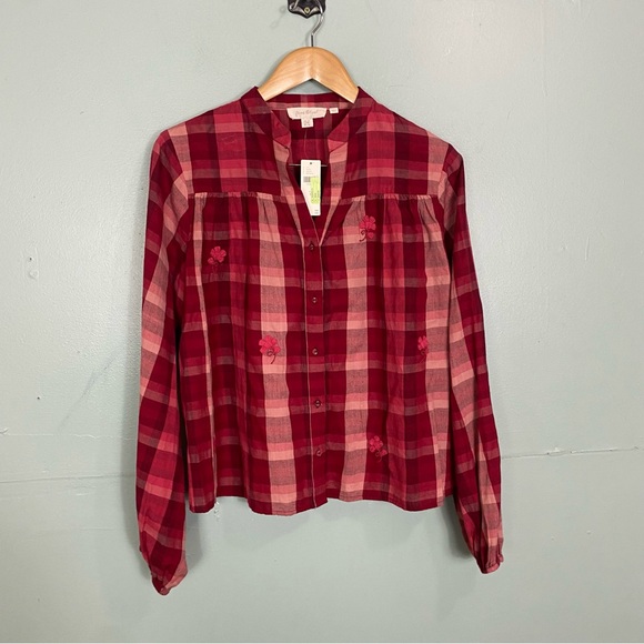 Anthropologie Forever That Girl Aliyah Embroidered Plaid Buttondown Red Flower M - Picture 2 of 6
